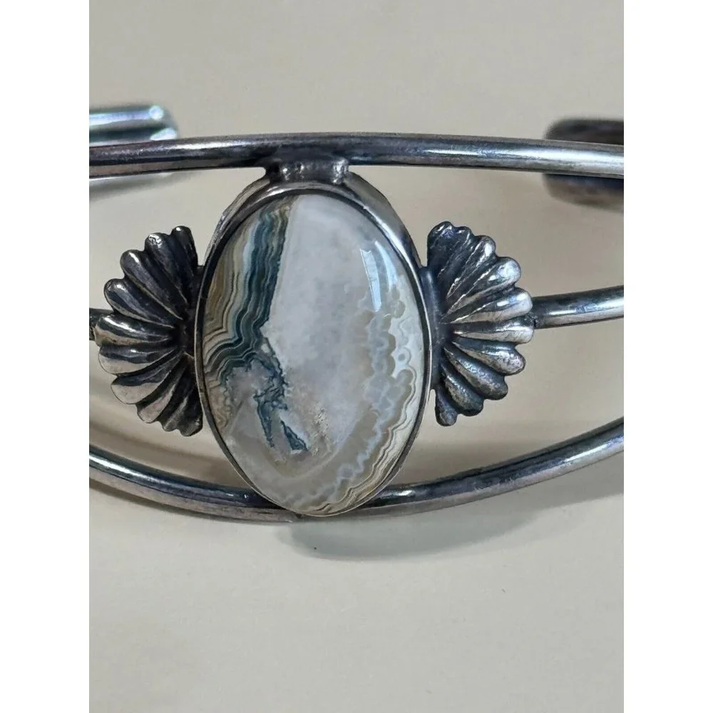 Vintage GFMW Sterling Silver Green Lace Jasper Cuff Bracelet 6 1/4' - Picture 4 of 11